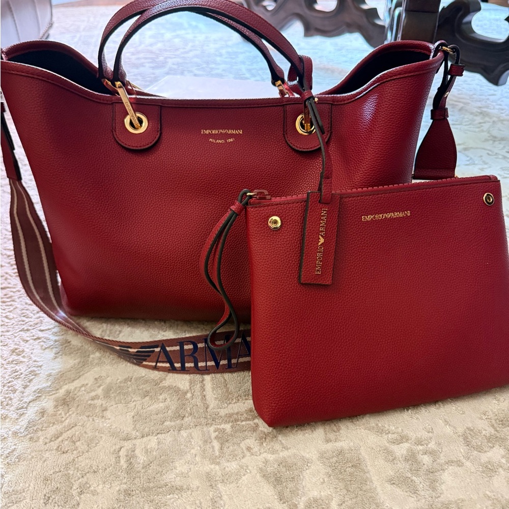 Emporio Armani Burgundy Tote and Pouch Set